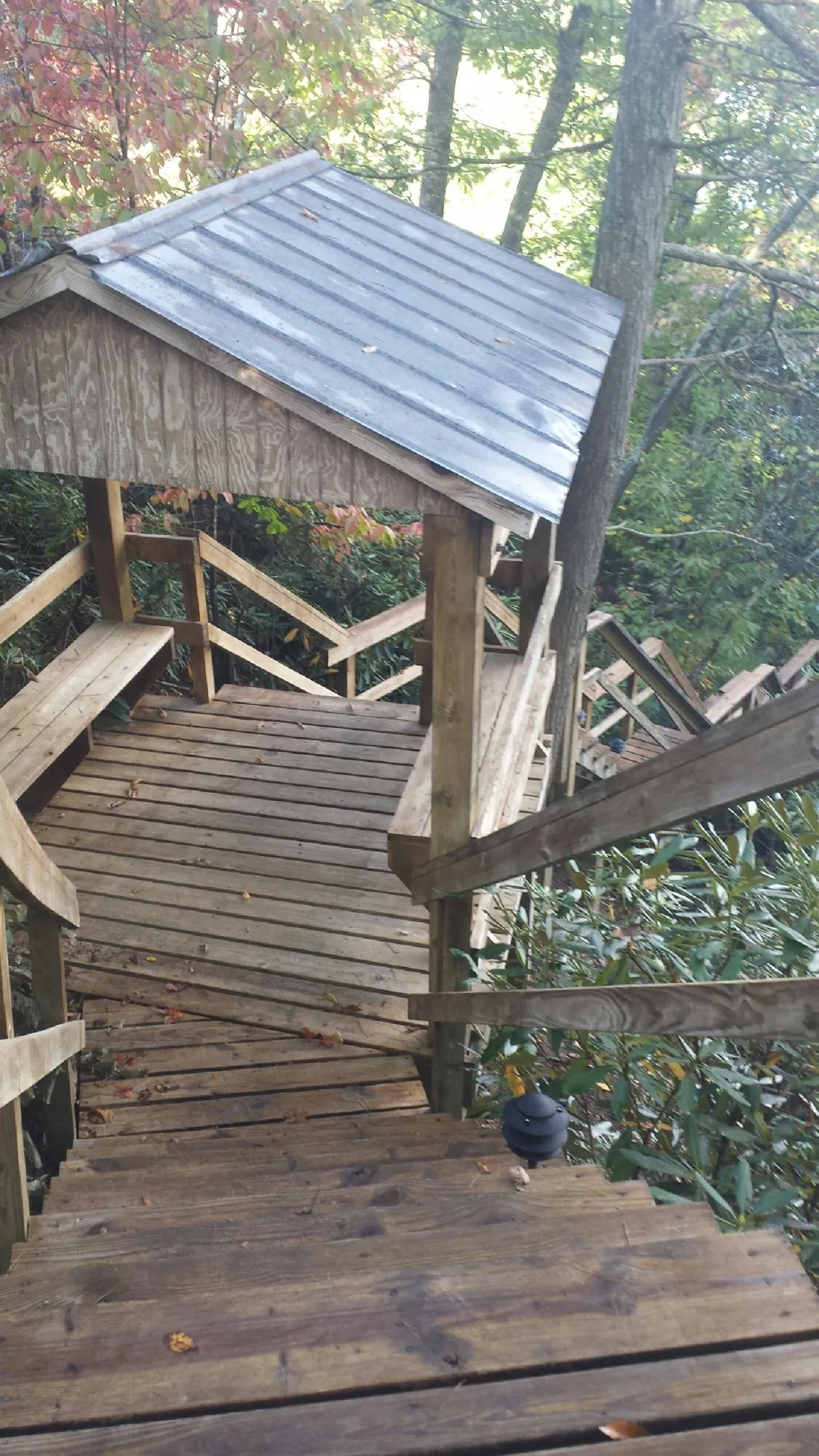 Metal roofed shelter over wooden steps on a wooded walkway — Skylight Repair & Installation work by our crew in Scotland